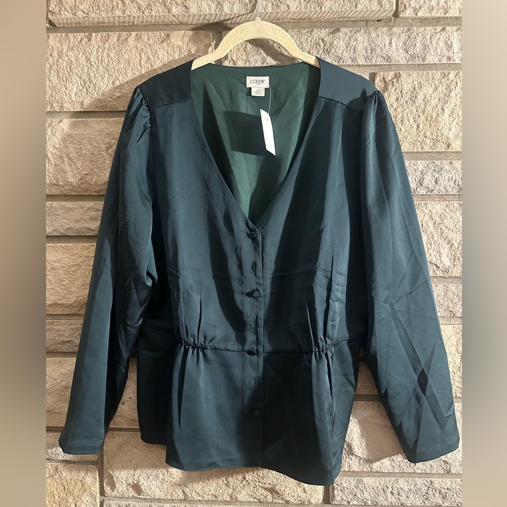 J. Crew Women's Dark Green V-Neck Button Front Blouse